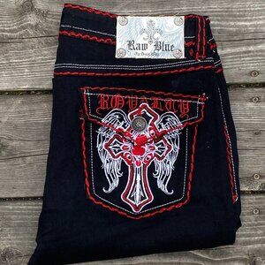 Vintage Triple Contrast Stitch Raw Blue Reflex Embroidered Jeans Size 11/12 Y2K